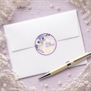 Sticker Rond Baby Shower Élégant Fleurs Violettes