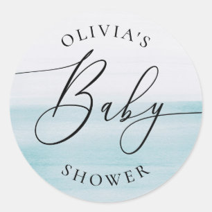 Sticker Rond Baby-Shower Élégant Neutre Aquarelle Bleue Douce