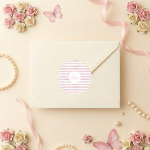 Sticker Rond Baby-Shower Élégant Rayures Rose Aquarelle