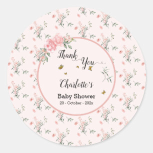 Sticker Rond Baby Shower Élégant Roses Roses avec Papillons