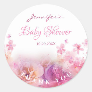 Sticker Rond Baby shower Élégant Script Aquarelle Fleurs Rose