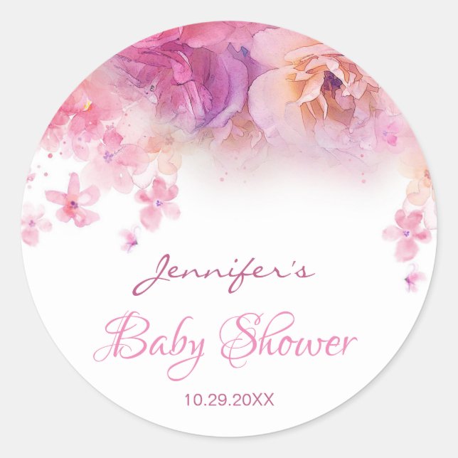 Sticker Rond Baby shower Élégant Script main Aquarelle Fleurs (Devant)