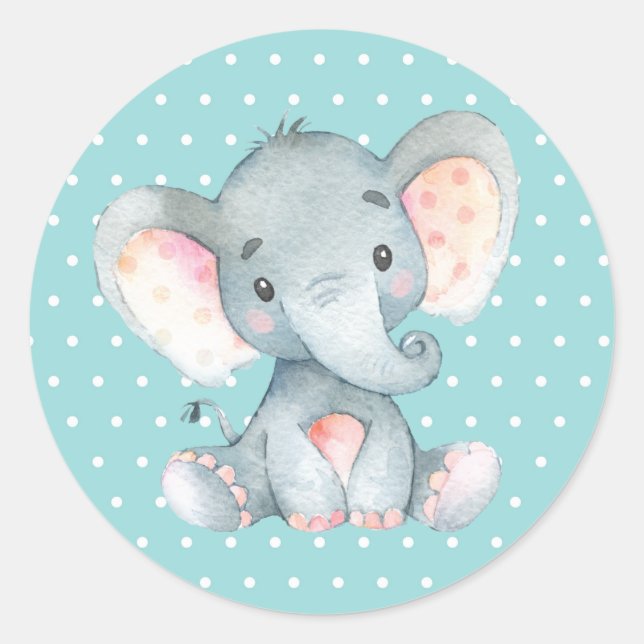 Sticker Rond Baby Shower Éléphant Aqua (Devant)