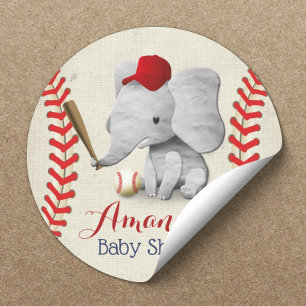 Sticker Rond Baby shower Eléphant de baseball Boy Cute