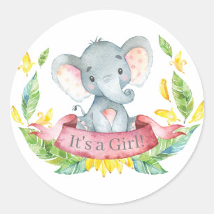 Sticker Rond Baby Shower Éléphant Fille Rose