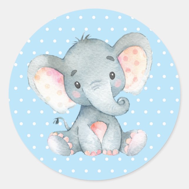 Sticker Rond Baby Shower Éléphant Garçon Bleu (Devant)