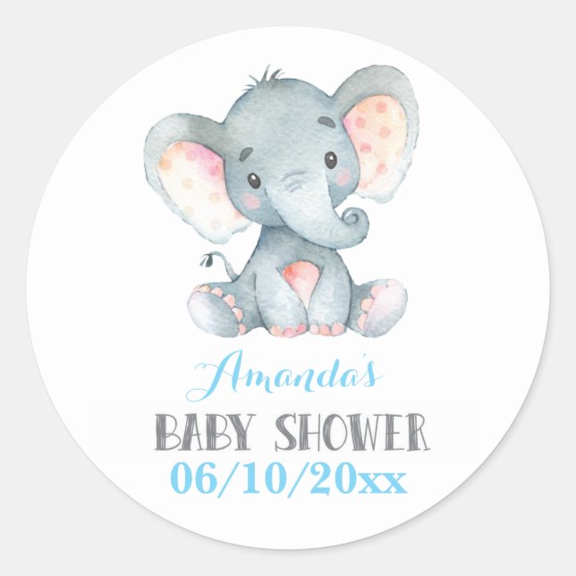 Sticker Rond Baby Shower Éléphant Garçon Bleu et Gris (Devant)
