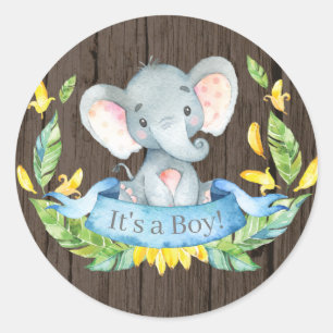 Sticker Rond Baby shower éléphant garçon rustique bleu