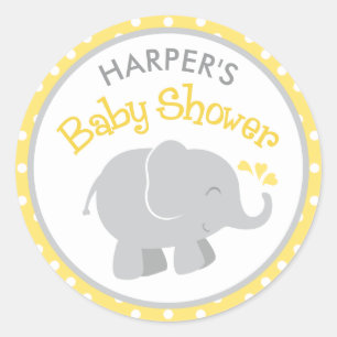 Sticker Rond Baby Shower éléphant jaune et gris