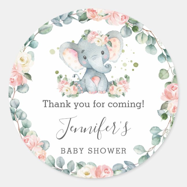Sticker Rond Baby shower éléphant Merci de verdure fleurie (Devant)