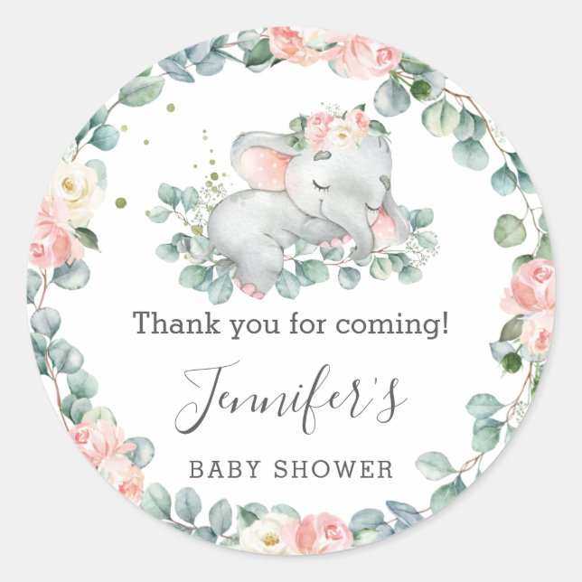 Sticker Rond Baby shower éléphant Merci de verdure fleurie (Devant)