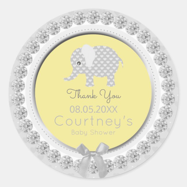 Sticker Rond Baby shower éléphant Merci gris jaune Favor (Devant)