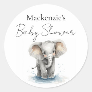Sticker Rond Baby Shower Éléphant Mignon Aquarelle