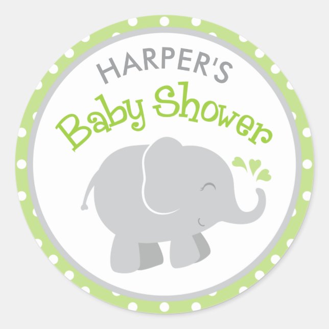 Sticker Rond Baby shower éléphant moderne vert et gris (Devant)