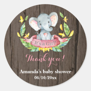 Sticker Rond Baby shower Eléphant Rustique Merci rose Favoriser