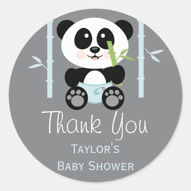 Sticker Rond Baby shower en bambou bleu Panda Merci rond (Devant)