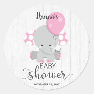 Sticker Rond Baby shower en bois chic de fille d'éléphant ros