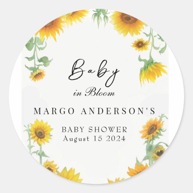 Sticker Rond Baby shower ensoleillé de tournesol jaune élégant (Devant)