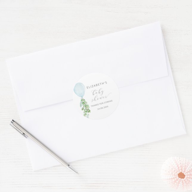 Sticker Rond Baby Shower Eucalyptus Ballon Bleu (Enveloppe)