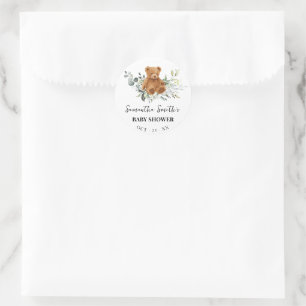 Sticker Rond Baby shower Eucalyptus vert ours