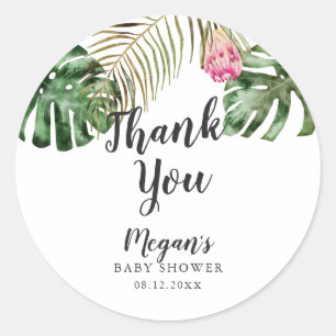 Sticker Rond Baby shower Feuille d'aquarelle tropicale