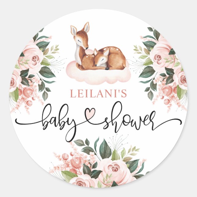 Sticker Rond Baby shower fille aquarelle cerf rose floral (Devant)