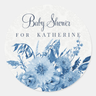 Sticker Rond Baby Shower Fille Bleu Nuit et Blanc Floral Aquare