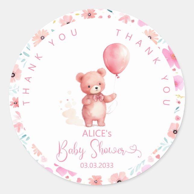 Sticker Rond Baby shower Fille Blonde Rose Ours Teddy (Devant)
