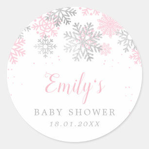 Sticker Rond Baby shower Fille D'Hiver Rose Et Argent
