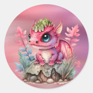 Sticker Rond Baby shower Fille Dragon Rose Hot