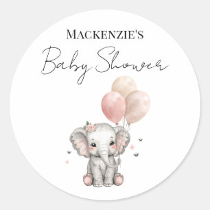 Sticker Rond Baby Shower Fille Éléphant & Ballons Roses