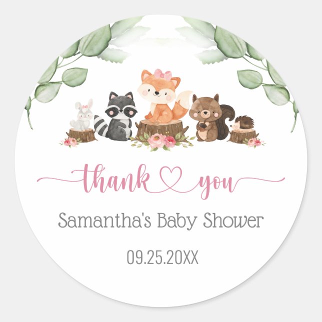 Sticker Rond Baby shower Fille Fleur Animale Bois Favoriser (Devant)
