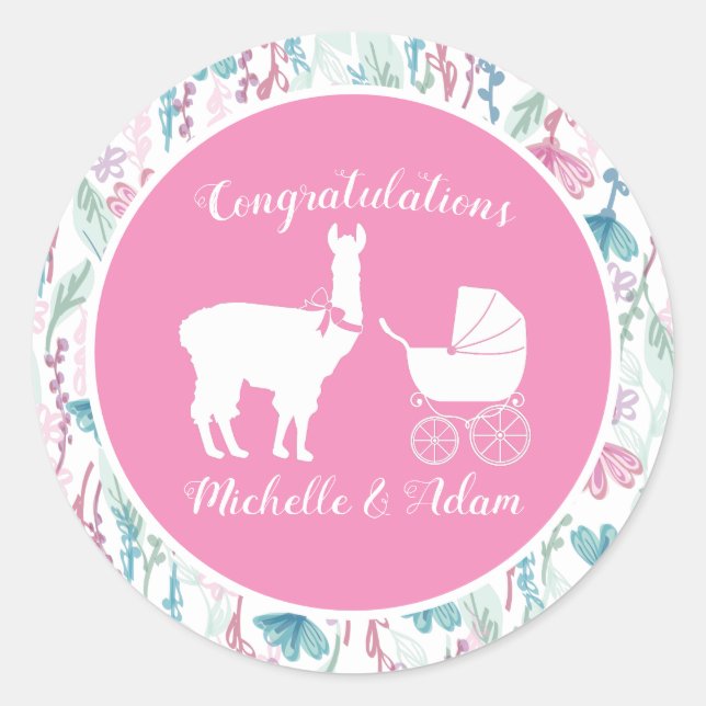 Sticker Rond Baby shower fille Llama rose mignonne (Devant)