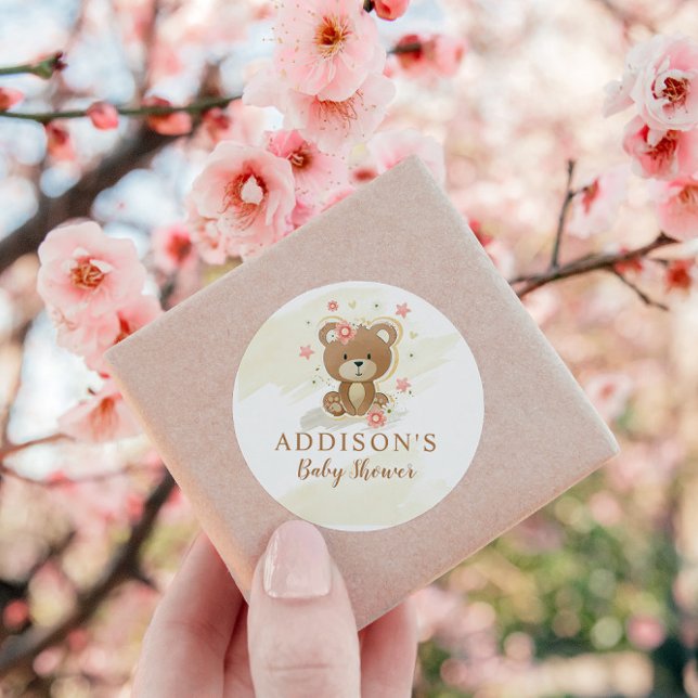 Sticker Rond Baby shower fille ours en peluche (Créateur téléchargé)