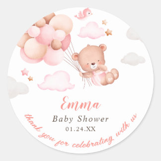 Sticker Rond Baby shower fille ours en peluche