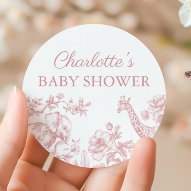 Sticker Rond Baby shower fille rose Safari Toile de Jouy (Pink Girl Baby Shower Safari Toile de Jouy Classic Round Sticker)