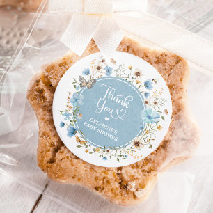 Sticker Rond Baby-Shower Filleul Fleur Sauvage Bleu Poussiéreux