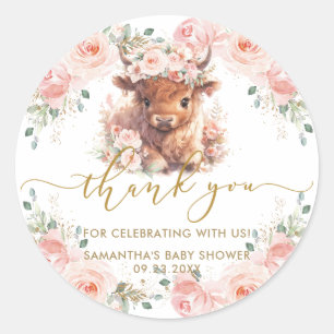 Sticker Rond Baby Shower Fleur Rose Douce Vache Écossaise Moell