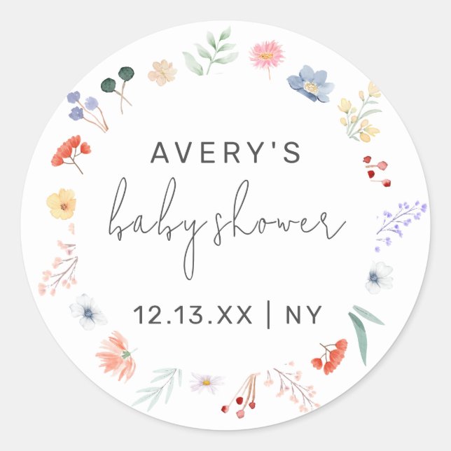 Sticker Rond Baby shower Fleur sauvage Boho simple (Devant)