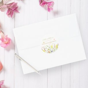 Sticker Rond Baby shower fleur sauvage d'aquarelle papillon