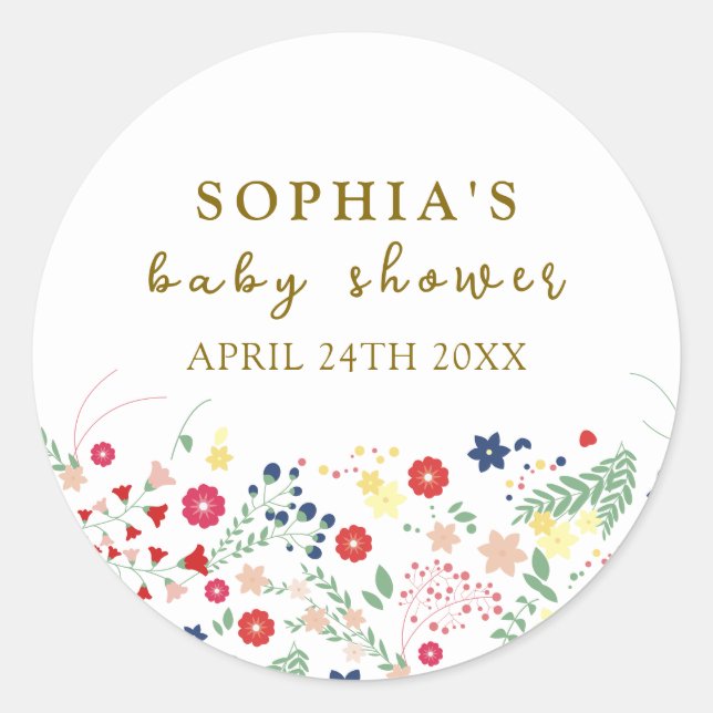 Sticker Rond Baby shower Fleur sauvage simple et élégant (Devant)