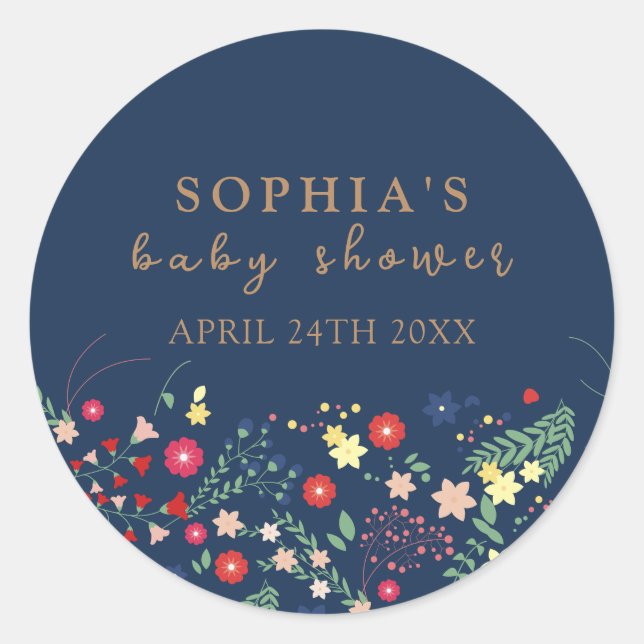 Sticker Rond Baby shower Fleur sauvage simple et élégant Navy B (Devant)