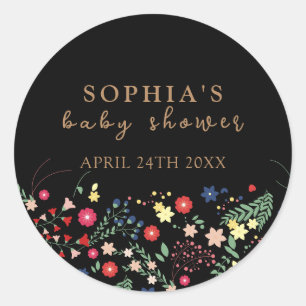 Sticker Rond Baby shower Fleur sauvage simple noir