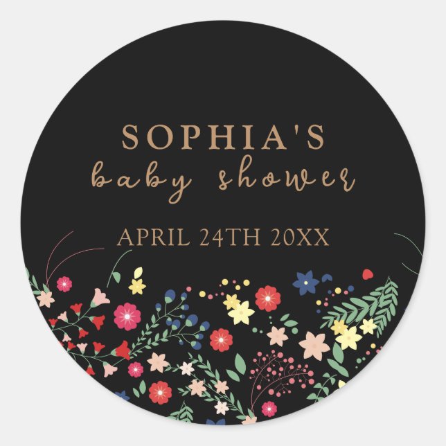 Sticker Rond Baby shower Fleur sauvage simple noir (Devant)