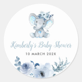 Sticker Rond Baby shower fleuri bleu petit éléphant