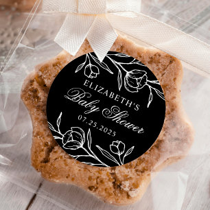 Sticker Rond Baby Shower Fleurs Esquissées Noir et Blanc