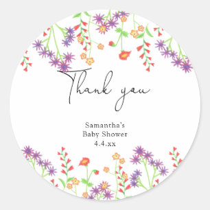 Sticker Rond Baby shower fleurs sauvages merci