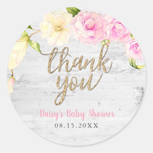 Sticker Rond Baby shower floral à crème rose rustique (Devant)