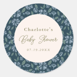 Sticker Rond Baby shower floral à fleurs de givre de la marine 