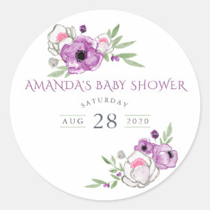 Sticker Rond Baby Shower Floral Aquarelle Violet Et Sage